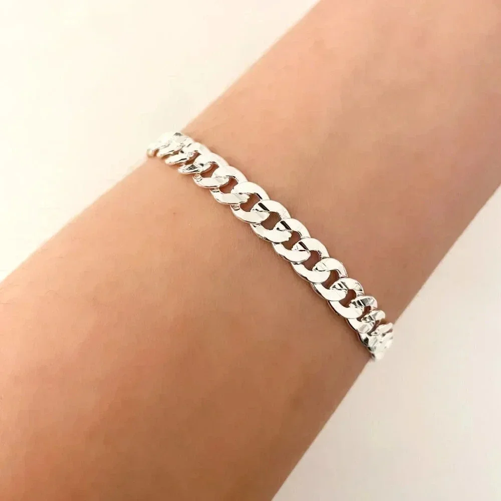 925 Sterling Silver Chain Link Bracelet Flat Link Bracelet - Picture 4 of 4